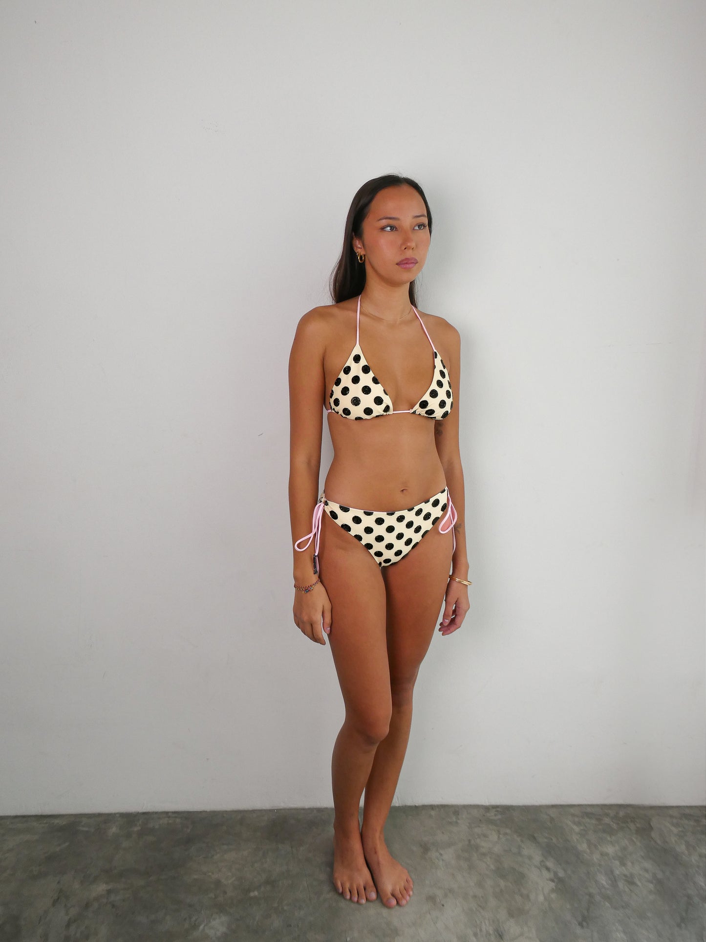 Yasmin polka dot bikini bottom in butter yellow and pink ties