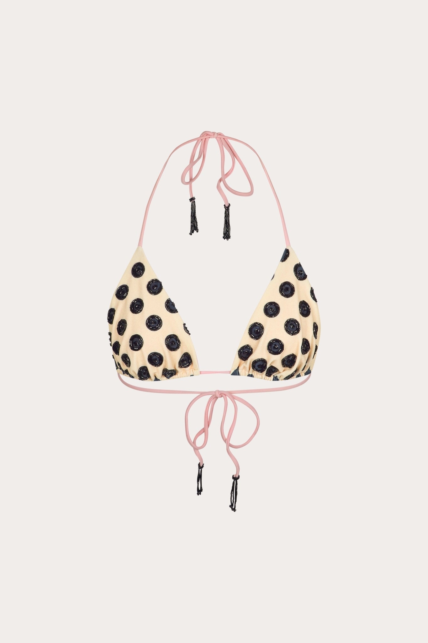 Yasmin polka dot bikini top in butter yellow and pink ties
