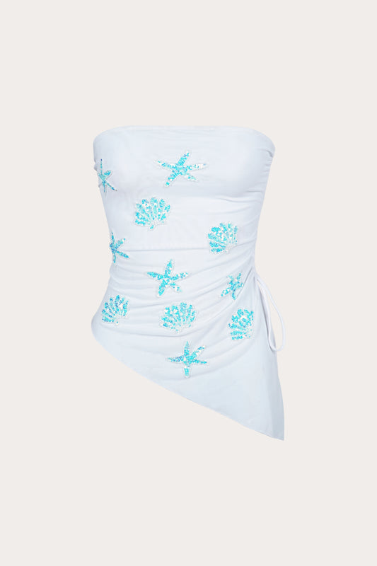 Sabrina asymmetrical mesh top in white