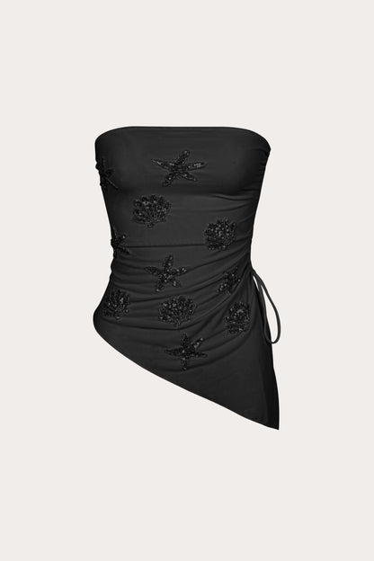 Sabrina asymmetrical mesh top in black