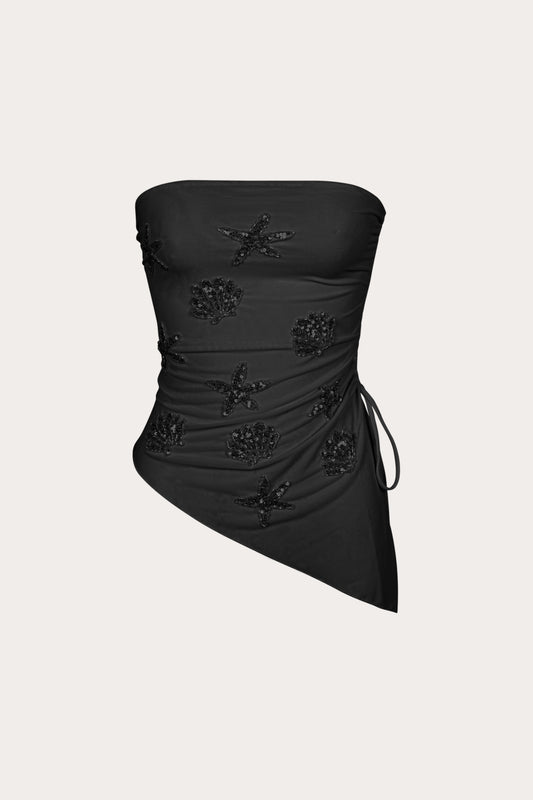 Sabrina asymmetrical mesh top in black